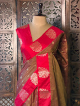 Olive Green and red pure soft silk saree - PSOFTD6D