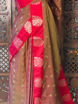 Olive Green and red pure soft silk saree - PSOFTD6D