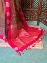 Olive Green and red pure soft silk saree - PSOFTD6D