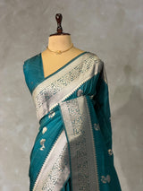 Peacock blue banarasi semi tusser Silk Saree - PBRMM1D