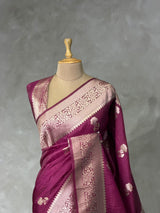 Dark Wine banarasi semi tusser Silk Saree - PBRMM1I