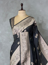 Black banarasi semi tusser Silk Saree - PBRMM1G