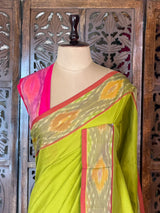 Lime Green and rani Pink Handloom silk cotton saree - PBRMH1K