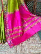 Lime Green and rani Pink Handloom silk cotton saree - PBRMH1K