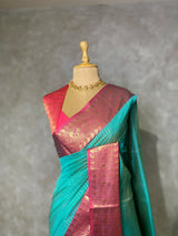 Aqua blue and Rani pink semi banarasi silk saree- AISHN1A