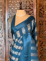 Teal Blue Banarasi Crape silk saree - PBRHC3D