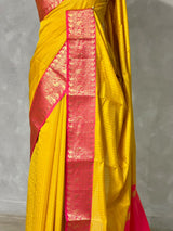Yellow and Rani pink semi banarasi silk saree- AISHN1
