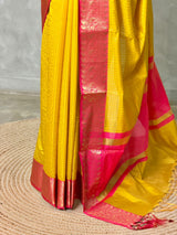 Yellow and Rani pink semi banarasi silk saree- AISHN1