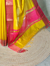 Yellow and Rani pink semi banarasi silk saree- AISHN1