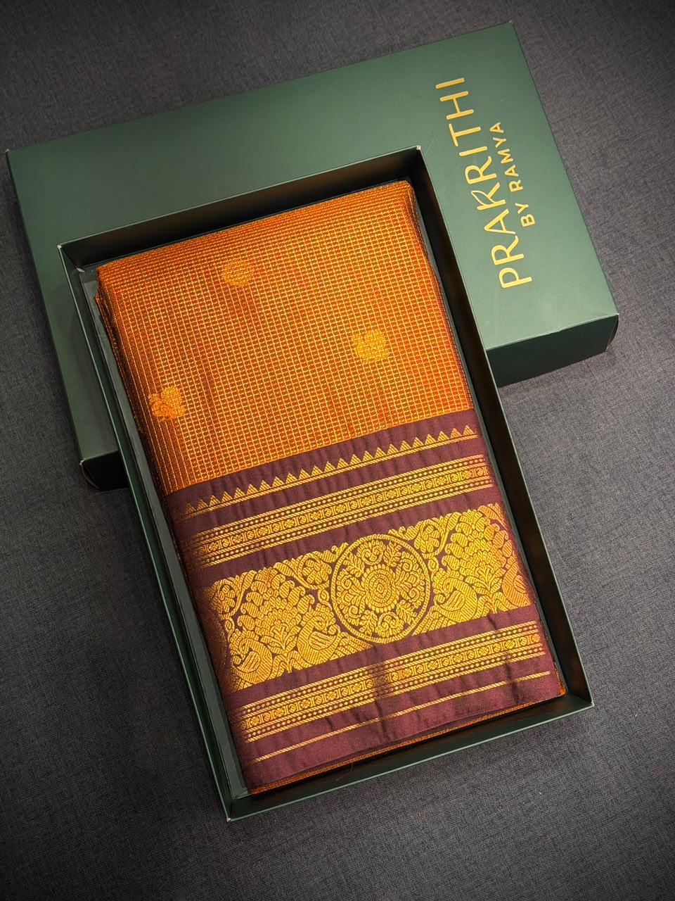 Mustard yellow and brown Semi kanchipuram silk saree- PSSRN10