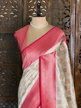 Sandal and Rani pink khadial tissue Banarasi silk saree - RAZ5ND