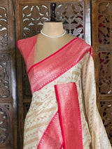 Sandal and Rani Pink khadial tissue Banarasi silk saree - RAZ5NB
