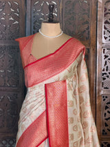Sandal and Red khadial tissue Banarasi silk saree - RAZ5NA