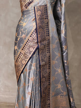 Grey and Dark blue Banarasi mashru katan silk saree - PRAZ9B