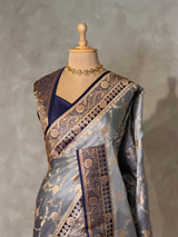 Grey and Dark blue Banarasi mashru katan silk saree - PRAZ9B