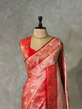 Peach and Red Banarasi mashru katan silk saree - PRAZ9C