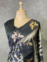 Off white and black tusser silk saree - PBRSS1E