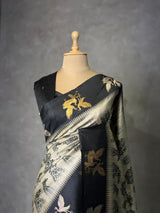 Off white and black tusser silk saree - PBRSS1C
