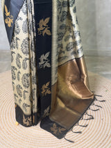 Off white and black tusser silk saree - PBRSS1C