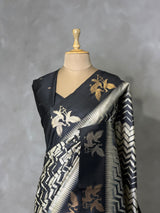 Off white and black tusser silk saree - PBRSS1A