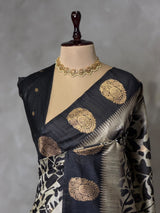 Off white and black tusser silk saree - PBRSS1