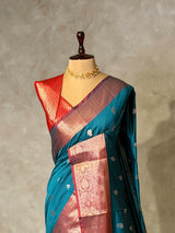 Peacock blue and Red Silk saree - PBRZU7