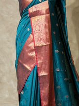 Peacock blue and Red Silk saree - PBRZU7