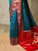 Peacock blue and Red Silk saree - PBRZU7