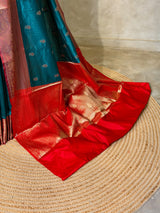Peacock blue and Red Silk saree - PBRZU7