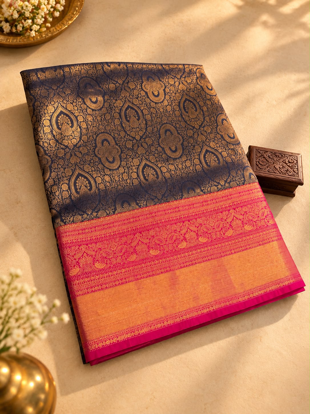 Dark Blue and rani Pink Semi Kanchipuram saree- PBRNN4