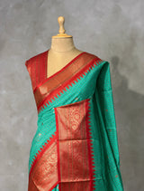 Aqua blue and Red Silk saree - PBRZU8E