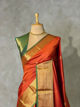 Rust Orange and Green semi kanchipuram soft silk saree - PSSN205