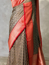 Dark Grey and Red khadial tissue Banarasi silk saree - RAZ5NF
