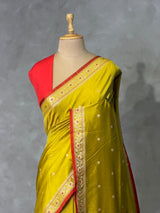 Olive green and Red Silk saree - PBRZU14B