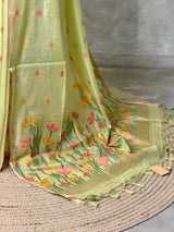 Lime Green Chanderi silk cotton Jamdani woven saree- PBRJ38E