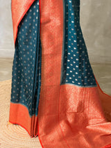 Teal Blue and Orange Dola silk saree- PBRSB2L