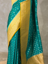 Aqua blue and lime yellow Dola silk saree- PBRSB2G
