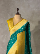 Aqua blue and lime yellow Dola silk saree- PBRSB2G