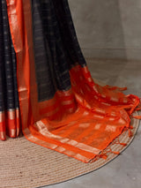 Black and Orange Crepe silk saree- PBRSB3C