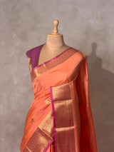 Peach And magenta semi kanchipuram soft silk saree - PSSN217