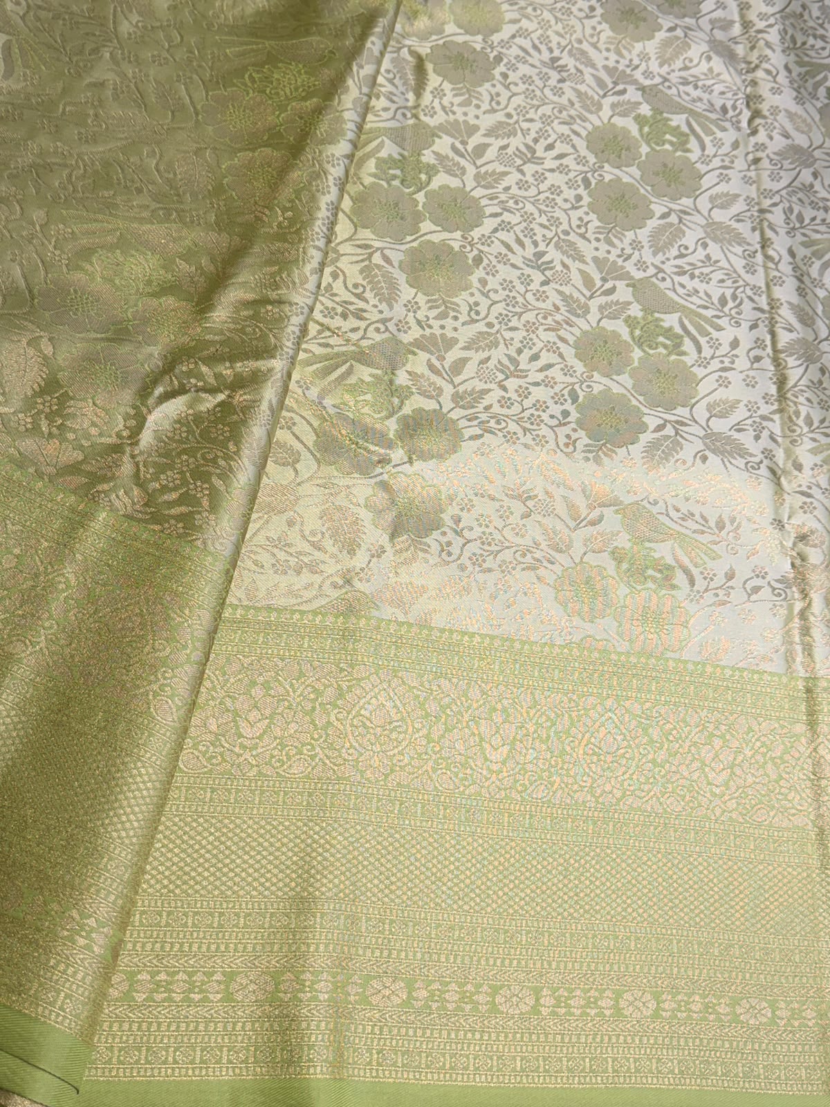 Pastal parrot green Soft satin brocade Silk Saree - PBRMJ8C