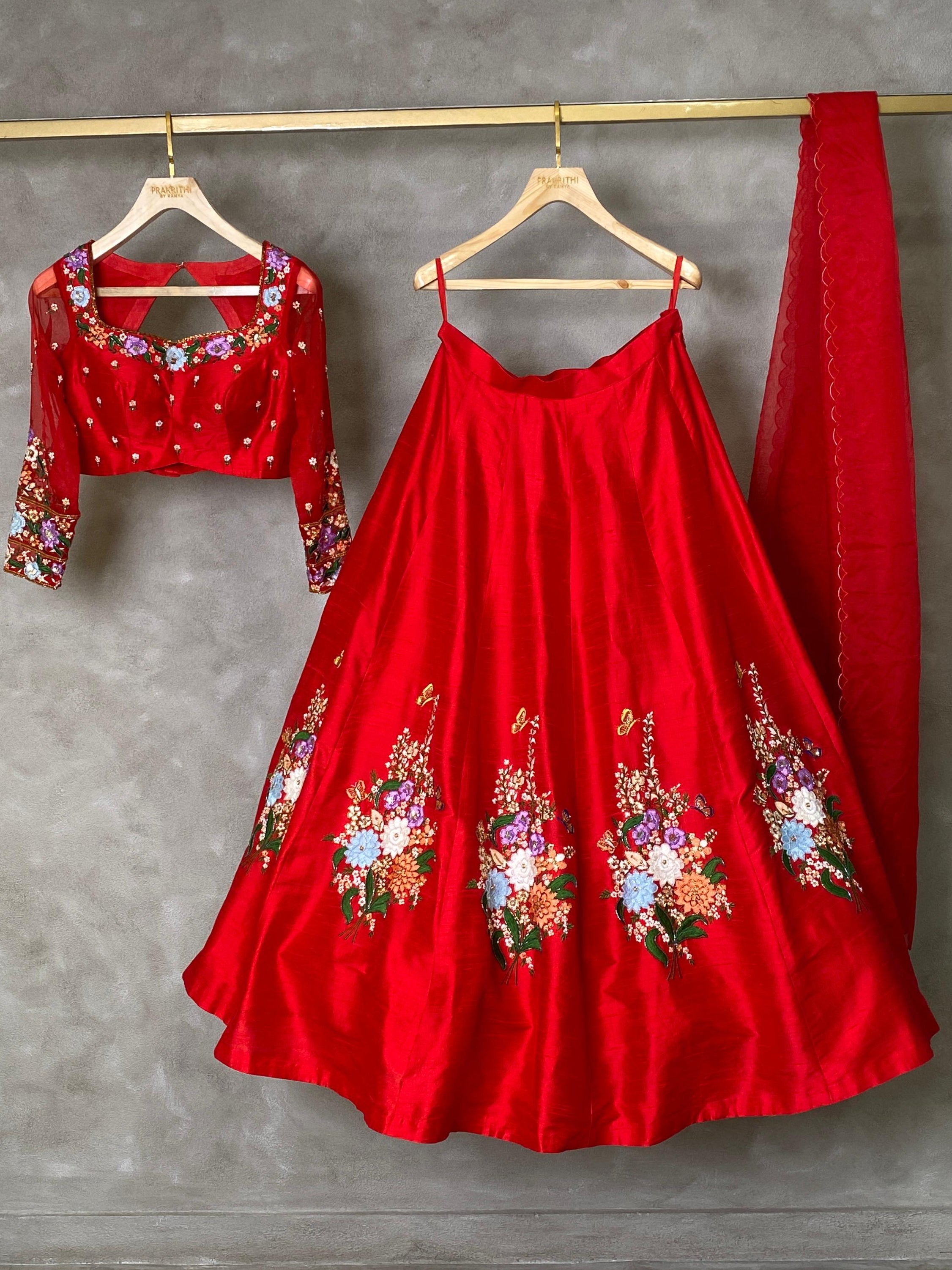 Vibrant red pure raw silk lehenga set - PL11