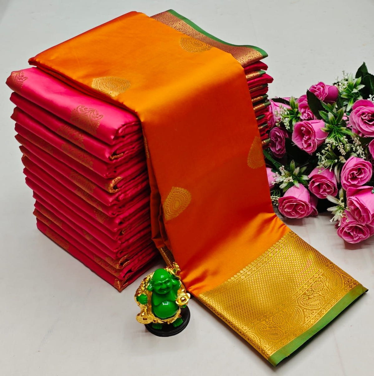 Light Orange And Green semi Kanchipuram Soft Silk saree - PSSON51