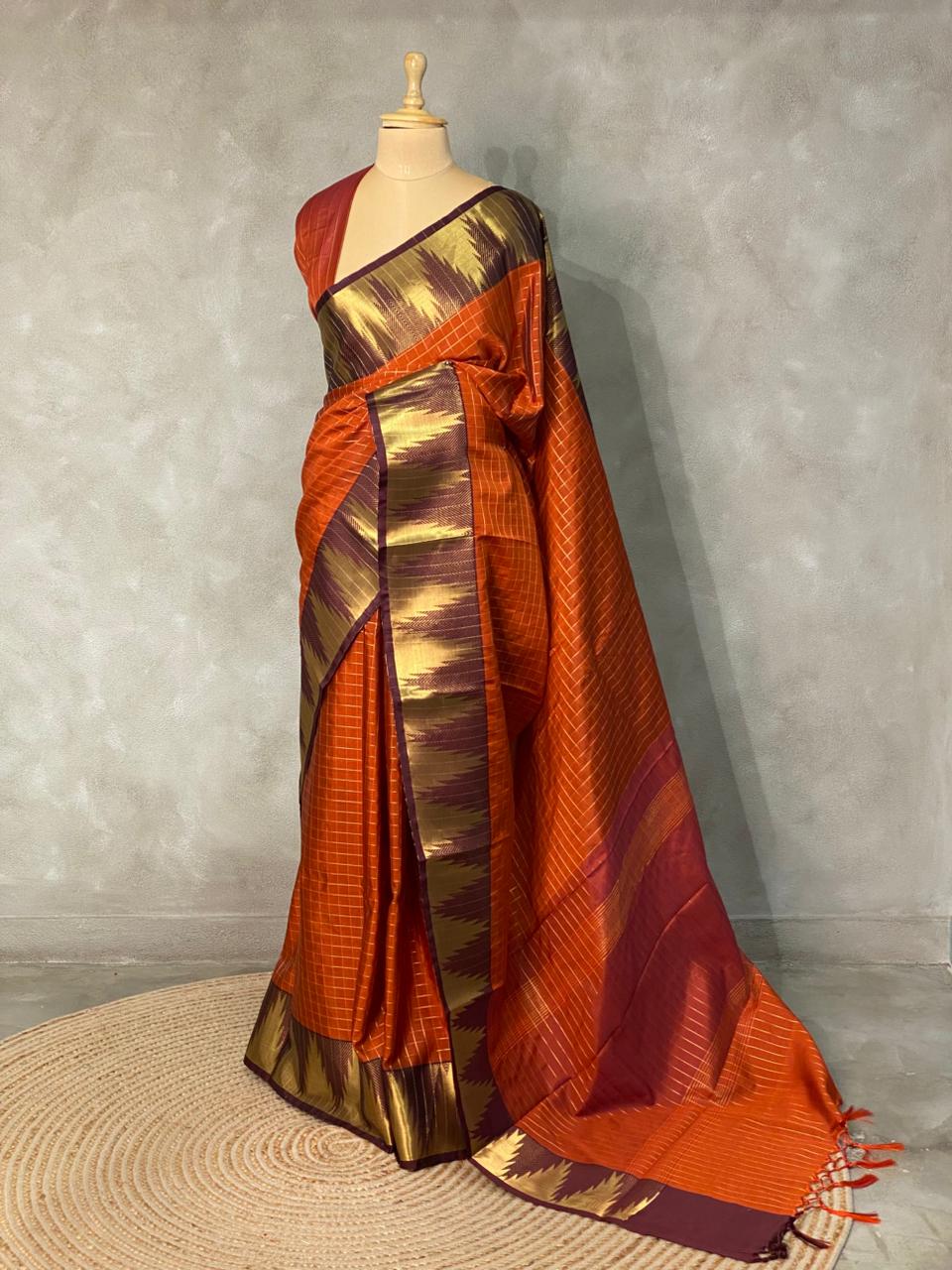 Rust Orange and brown semi Banarasi saree -MPS15