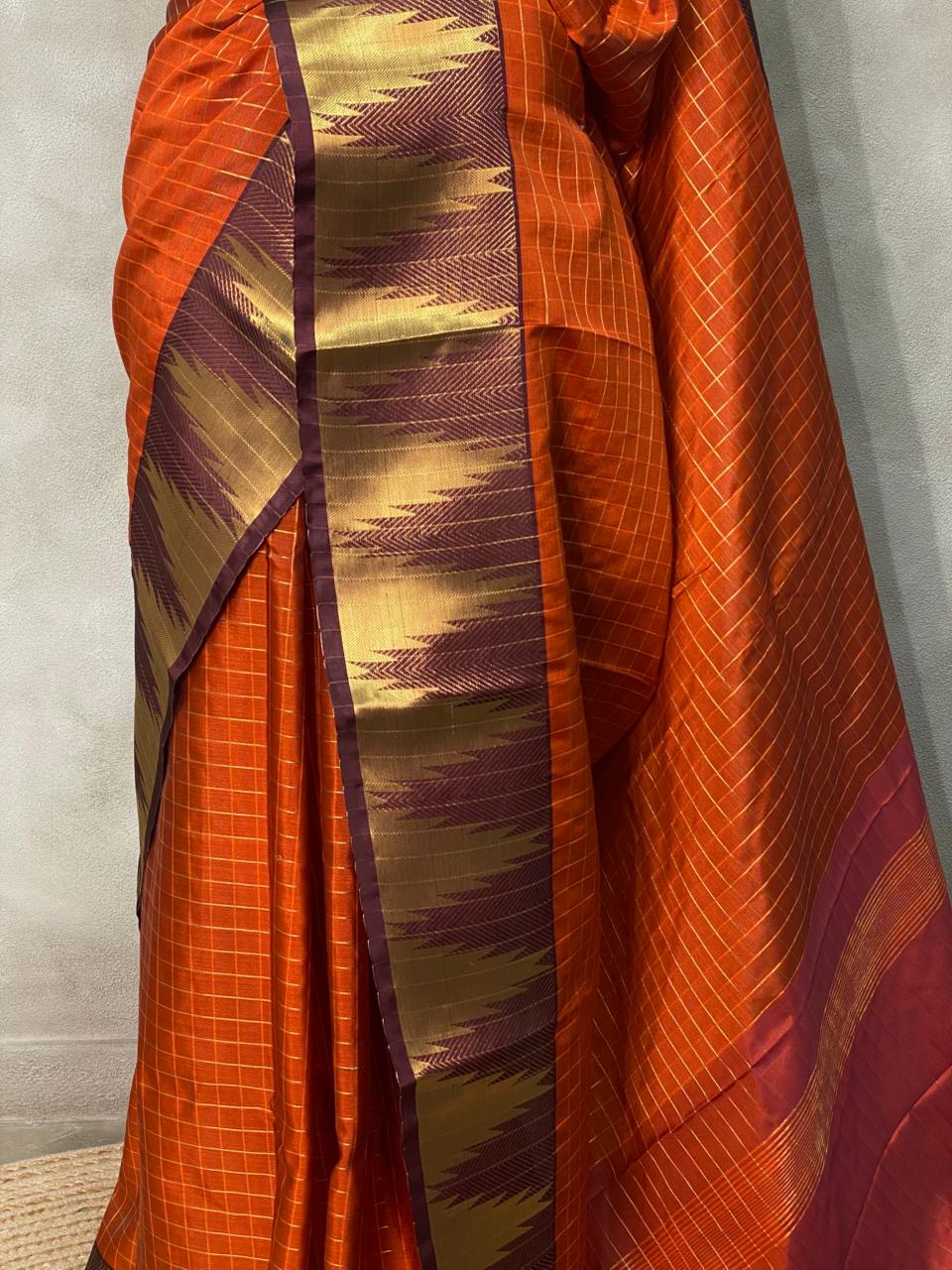 Rust Orange and brown semi Banarasi saree -MPS15