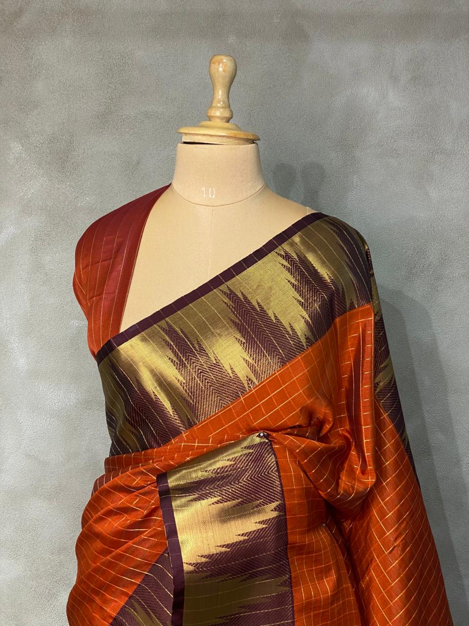 Rust Orange and brown semi Banarasi saree -MPS15