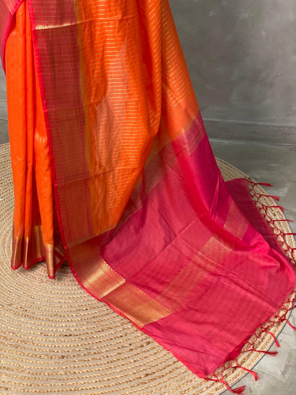 Orange and Magenta semi Banarasi saree -MPS16