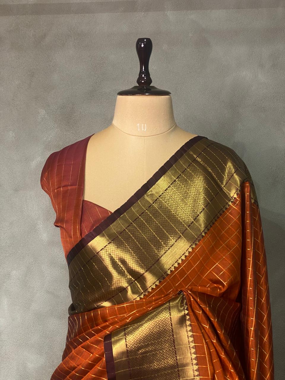 Rust Orange and brown semi Banarasi saree -MPS15B