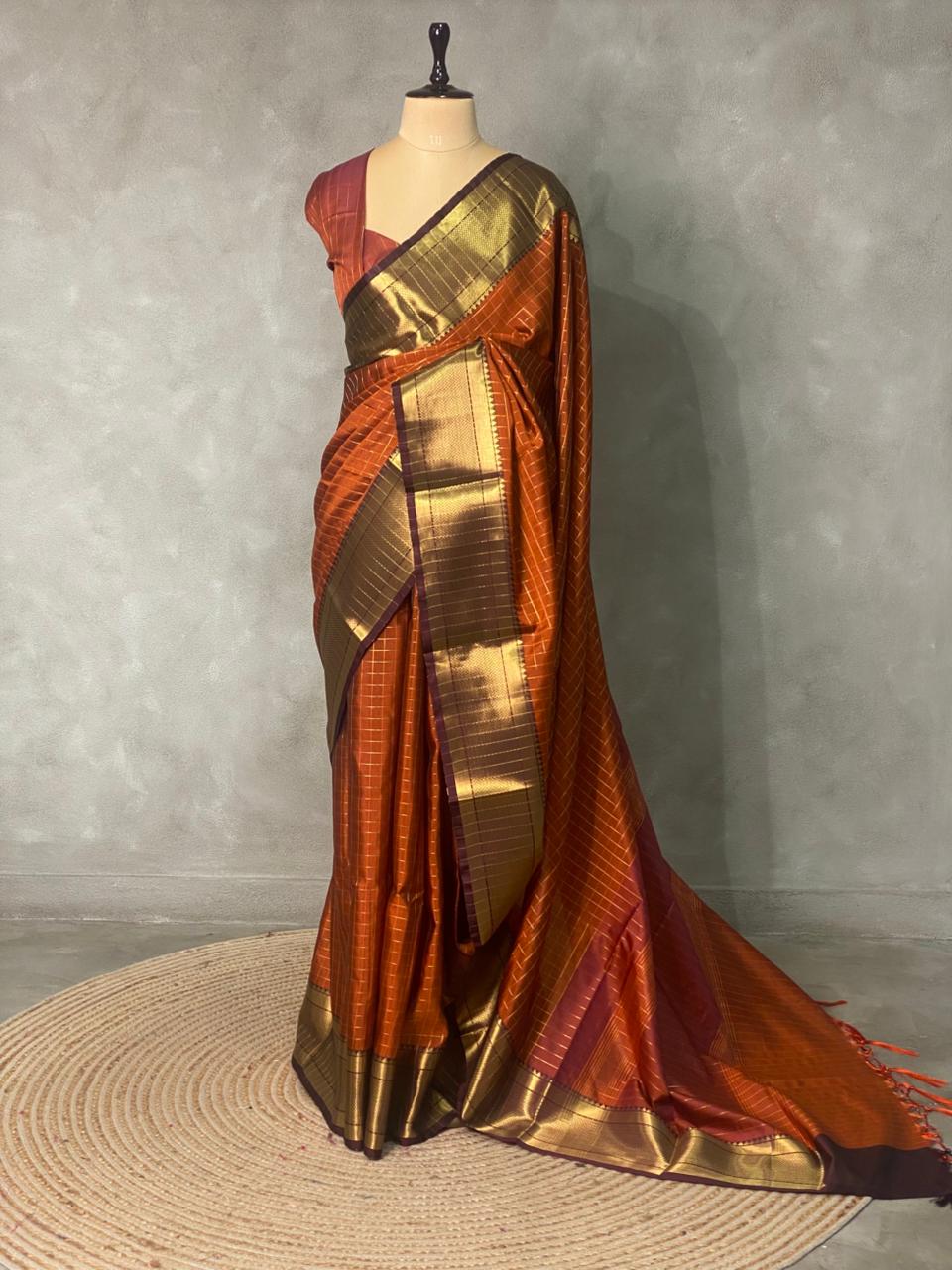 Rust Orange and brown semi Banarasi saree -MPS15B
