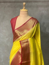 Yellow and Maroon semi Banarasi saree -MPS17